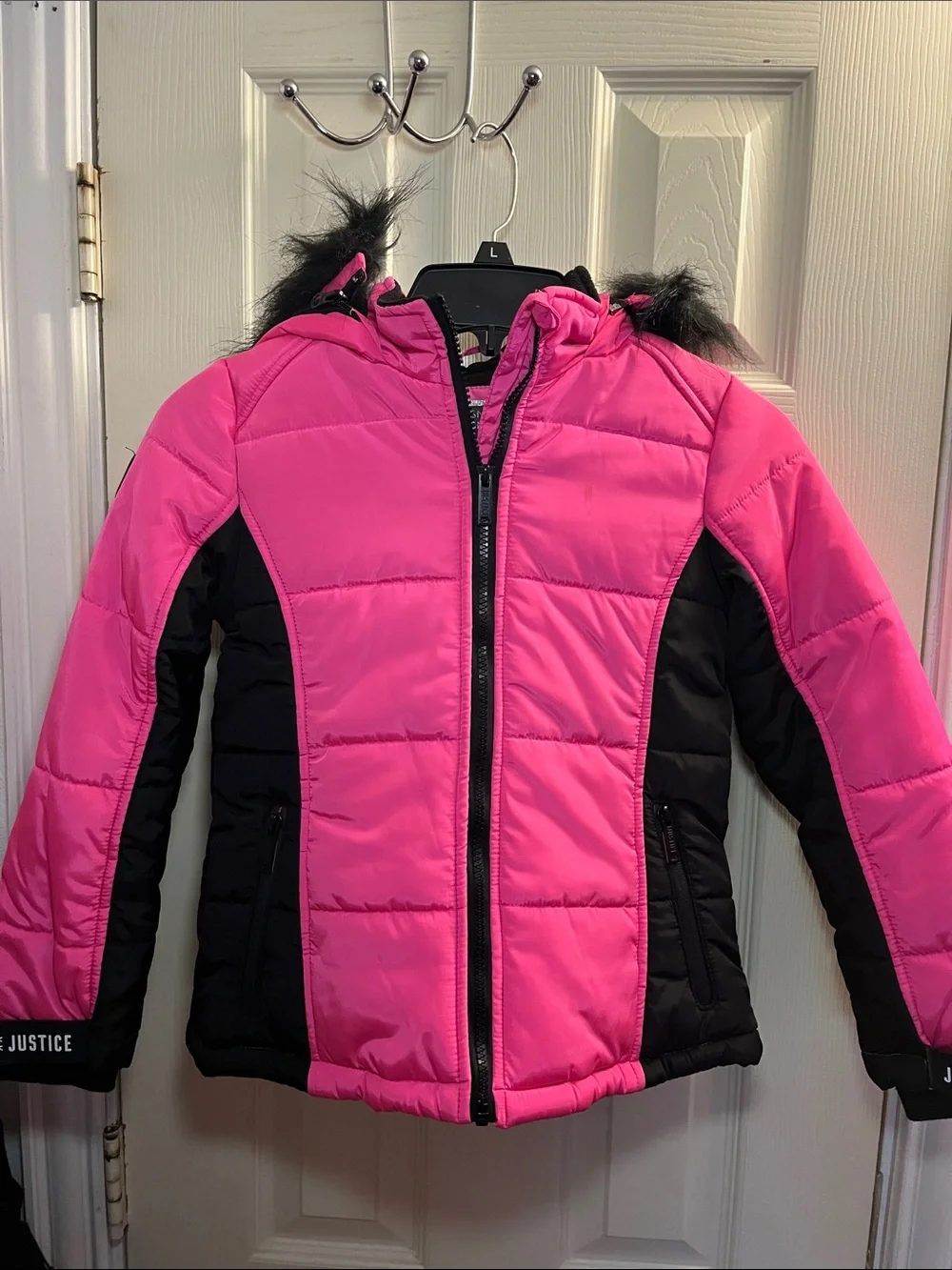 Justice Hot Pink and Black Girls' Puffer Jacket with Removable Faux Fur Trim